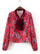 Oasap V Neck Long Sleeve Floral Printed Bows Tie Blouse