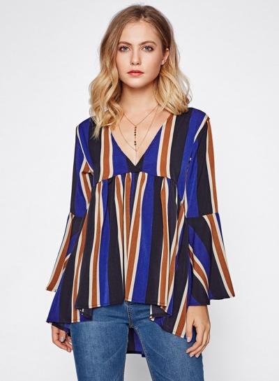 Oasap V Neck Flare Sleeve Striped Blouse