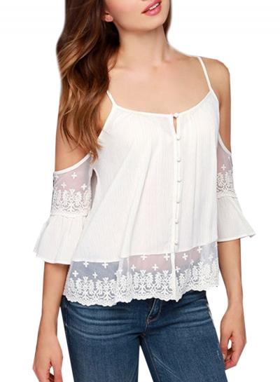 Oasap Women's Spaghetti Strap Cold Shoulder 3/4 Sleeve Lace Panel Blouse
