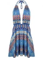 Oasap Women's Summer Halter Deep V Backless Print Beach Mini Dress