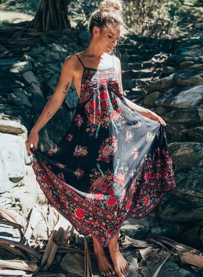 Oasap Spaghetti Strap Sleeveless Backless Floral Print Maxi Dress