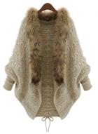Oasap Batwing Sleeve Open Front V Neck With Fur Trim Cardigan