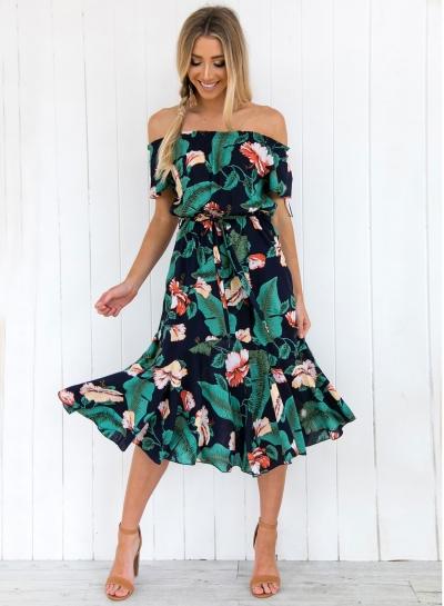 Oasap Sexy Bohemian Floral Printed Lace-up Short Sleeve Slash Neck Midi Dress