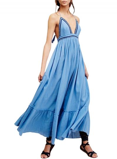 Oasap Women's Summer Halter Deep V Neck Backless Maxi Dress