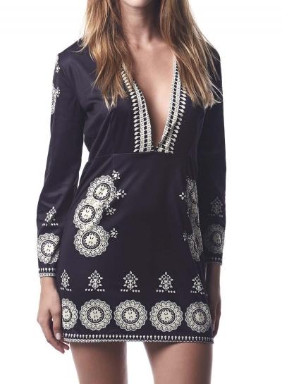 Oasap Deep V Neck High Waist Long Sleeve Print Mini Dress