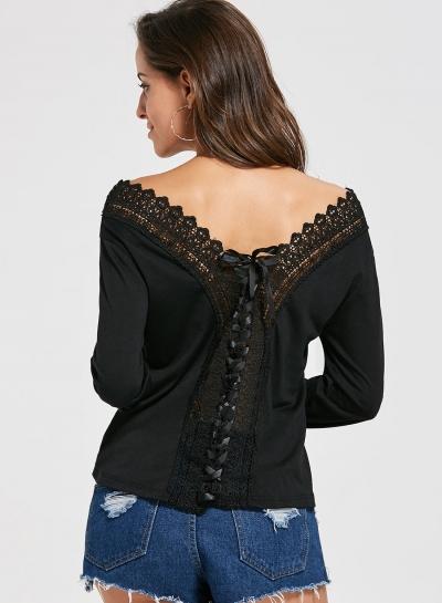 Oasap V Neck Long Sleeve Off Shoulder Lace Hollow Out Tee Shirt