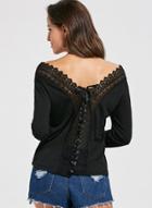Oasap V Neck Long Sleeve Off Shoulder Lace Hollow Out Tee Shirt