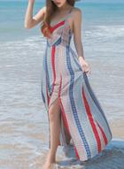 Oasap Bohemian Spaghetti Strap V Neck Striped Pattern Print Maxi Dress