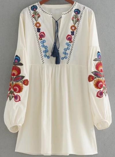 Oasap V Neck Lantern Sleeve Embroidery Mini Dress