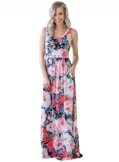 Oasap Fashion Floral Printed Sleeveless Round Neck Women Maxi Dress With Pockets