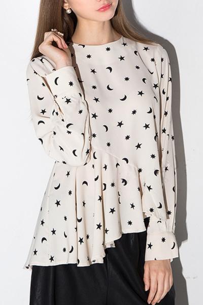 Oasap Star Moon Graphic Asymmetric Flouncing Hem Chiffon Blouse