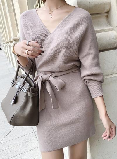 Oasap V Neck Batwing Sleeve Dress With Belt