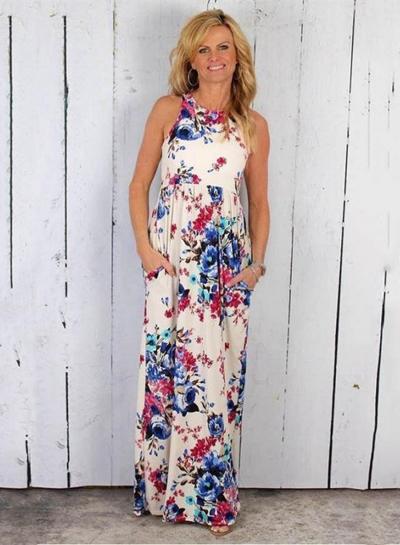 Oasap Off Shoulder Round Neck Floral Print Maxi Dress