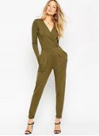 Oasap Solid Wrap V Neck Long Sleeve Backless Jumpsuit