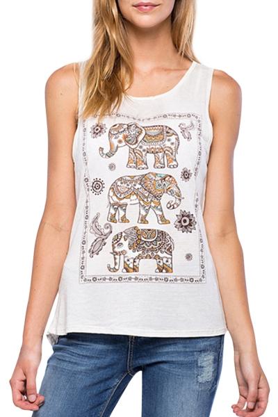 Oasap Women Elephant Print Round Neck Sleeveless High Low Tee