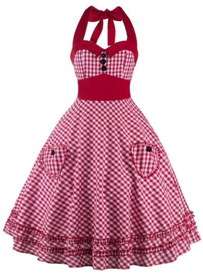 Oasap Women's Vintage Halter Sleeveless Plaid Cocktail Party Swing Dress