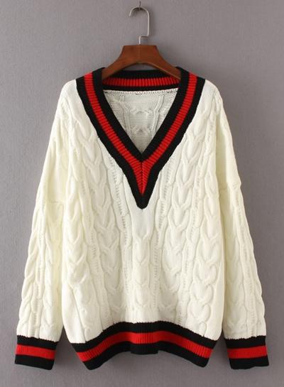 Oasap V Neck Long Sleeve Solid Striped Splicing Sweater