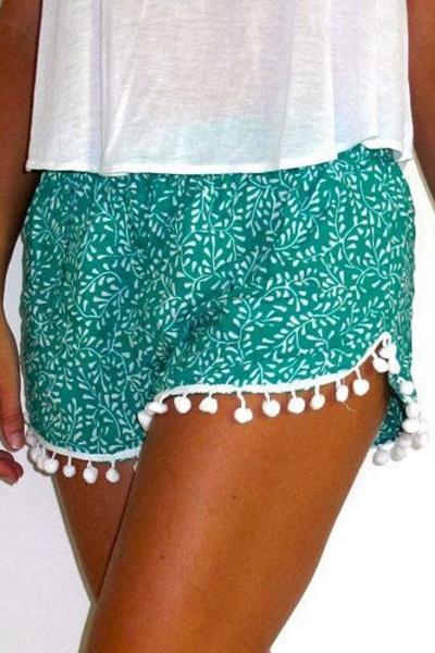 Oasap Summer Plant Print Pom Trim Shorts