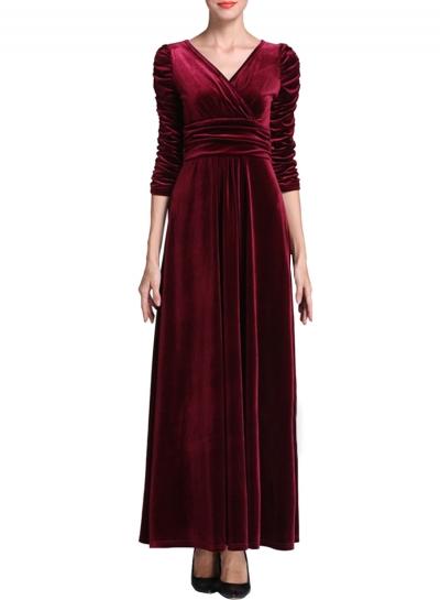 Oasap Women's Solid Color V Neck Ruffled Velvet Prom Dress