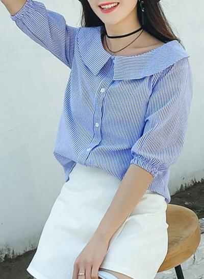 Oasap Peter Pan Collar Half Sleeve Button Down Stripe Shirt