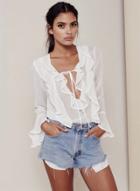 Oasap Flare Sleeve Ruffle Solid Pullover Blouse