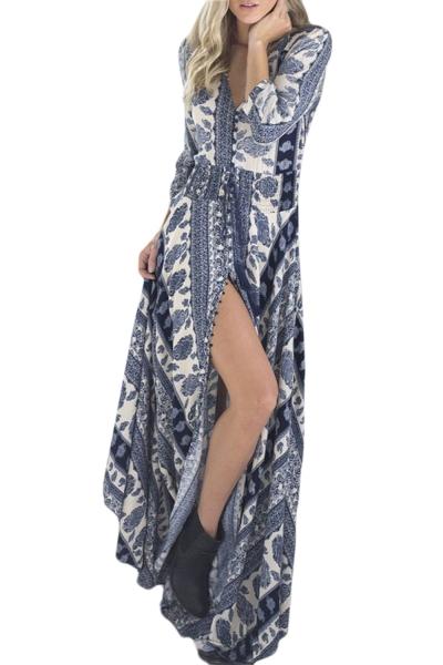 Oasap Fashion Blue Porcelain Print V Neck High Slit Dress