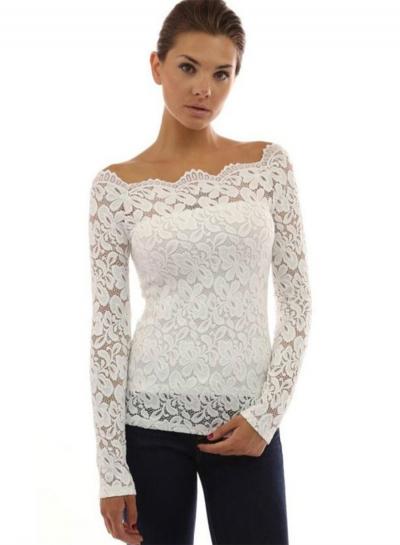 Oasap Slash Neck Long Sleeve Lace Blouse