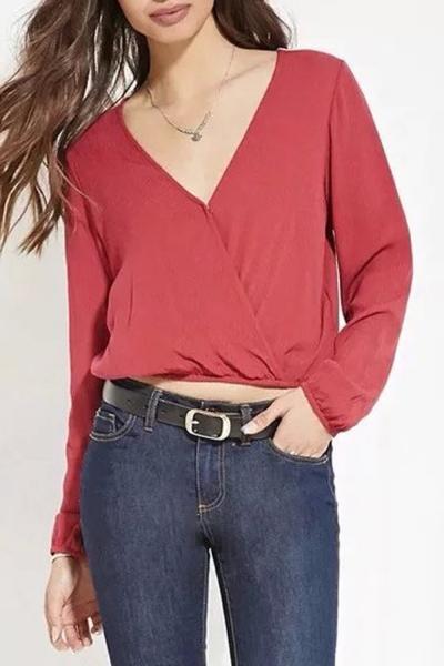 Oasap Deep V Neck Long Sleeve Lace Back Blouse