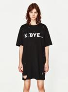 Oasap Ripped-holes Letter Print Dress