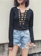 Oasap Long Sleeve Lace-up Front Slim Fit Crop Top