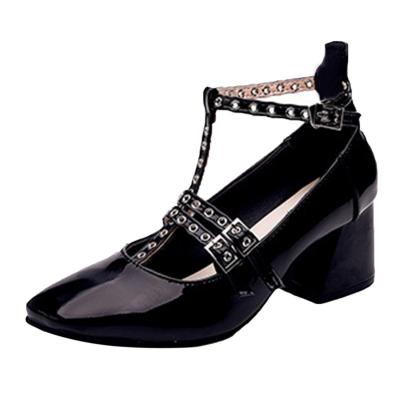 Oasap Square Toe Block Heels T-strap Shoes