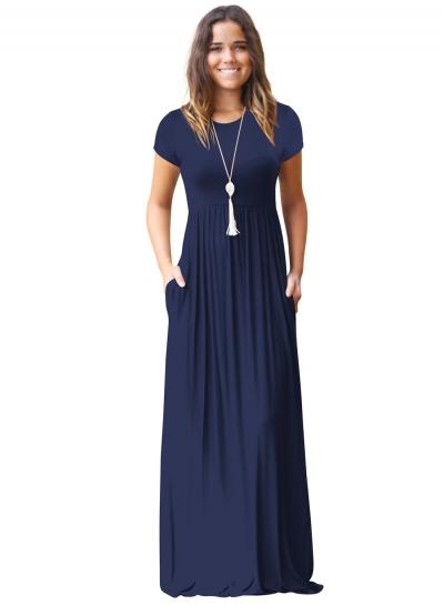 Oasap Round Neck Short Sleeve Pockets Maxi Dress