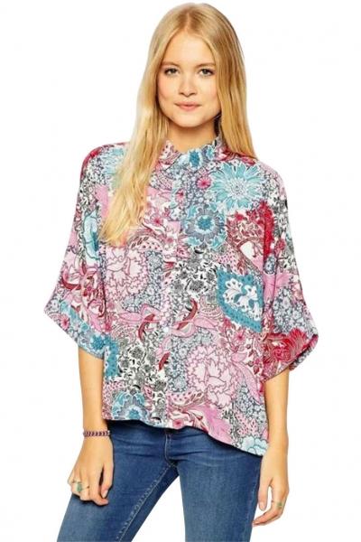 Oasap Pink Floral Loose Bat-wing Sleeves Top