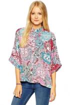 Oasap Pink Floral Loose Bat-wing Sleeves Top