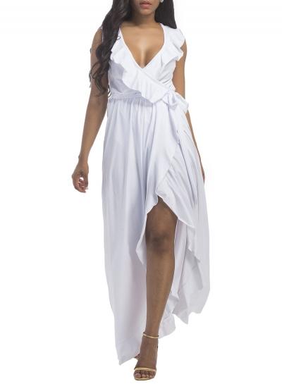 Oasap Hot Deep V Neck Flounce Panel Irregular Maxi Dress