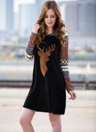 Oasap Long Sleeve Deer Patterned Christmas Hooded Dress