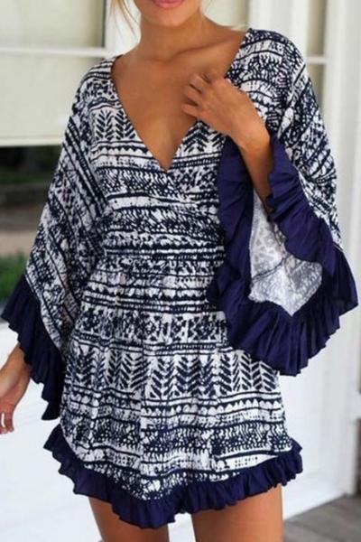 Oasap Vintage Stripe Tribal Print Flare Sleeve Dress