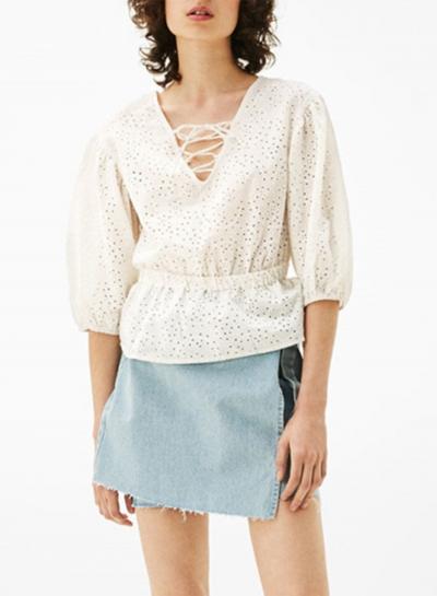 Oasap V Neck Lantern Sleeve Blouse