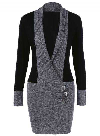 Oasap V Neck Long Sleeve Color Splicing Dress