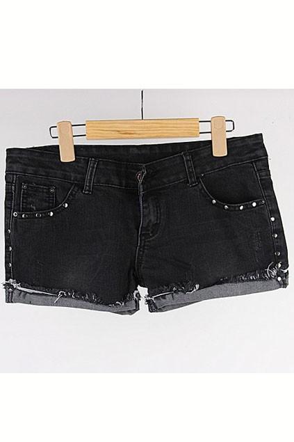 Oasap Chic Black Soft Studded Jean Shorts With Turned Raw Edges