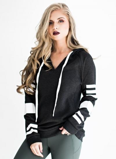 Oasap V Neck Long Sleeve Drawstring Hood Pullover Sweatshirt