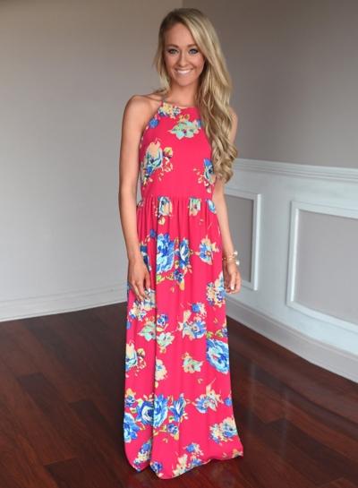 Oasap Halter Off Shoulder Sleeveless Floral Maxi Boho Dress