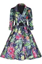 Oasap Vintage Floral Printing Belted A-line Dress
