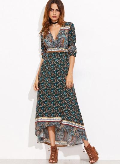 Oasap Deep V Neck Long Sleeve Floral Printed Maxi Dress