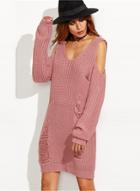 Oasap V Neck Off Shoulder Long Sleeve Ripped Solid Knit Sweater