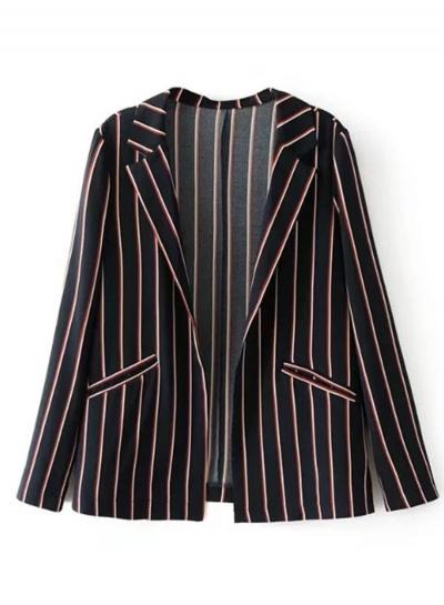 Oasap Notch Lapel Long Sleeve Striped Blazer With Pockets