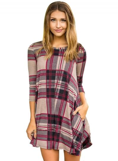 Oasap Round Neck Three Quarter Length Sleeve Plaid Dress