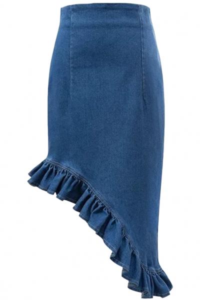 Oasap Asymmetrical Ruffled Denim Pencil Skirt