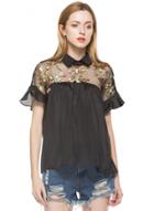 Oasap Mesh Panel Floral Embroidery Loose Blouse