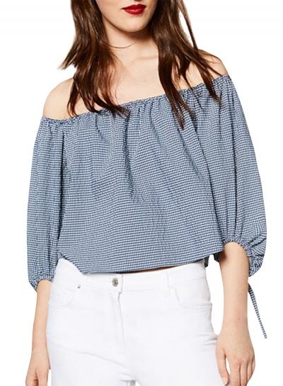 Oasap Women's Fashion Slash Neck Off-shoulder 3/4 Sleeve Plaid Top
